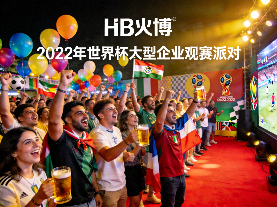 HB火博策划的2022年世界杯大型企业观赛派对现场，人群欢呼气氛热烈