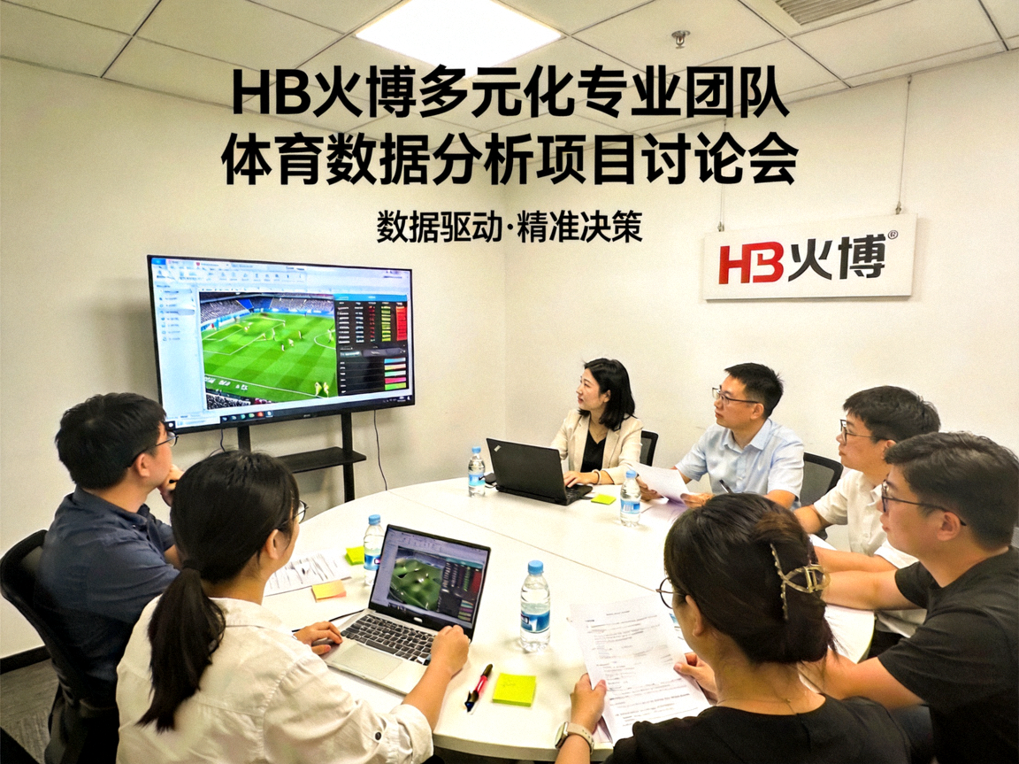 HB火博多元化专业团队在会议室讨论体育数据分析项目的场景